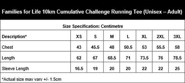 Families for Life 10km Cumulative Challenge Running Tee - Size Guide (Unisex - Adult)