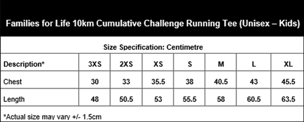 Families for Life 10km Cumulative Challenge Running Tee - Size Guide (Unisex - Kid)