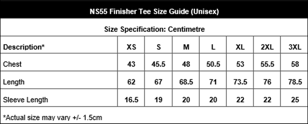 NS55 Finisher Tee - Size Guide (Unisex)